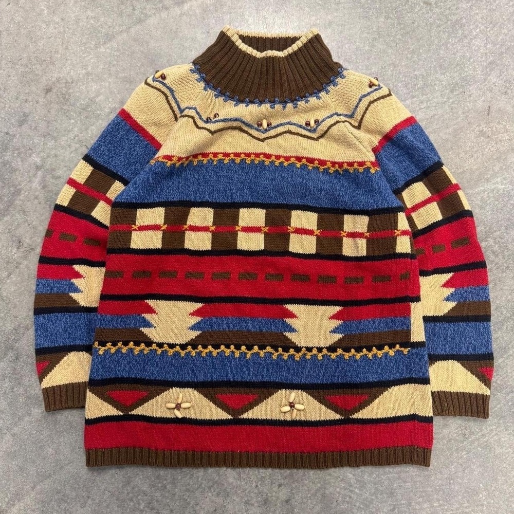 Vintage Aztec Sweater Mock Neck Westbound Petite Small Ramie Cotton Blend
